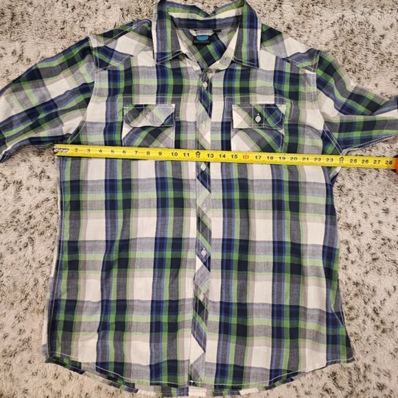 Burnside SZ 2XL Short Sleeve Blue Green Plaid Collared Button Up Country Shirt - Picture 7 of 8